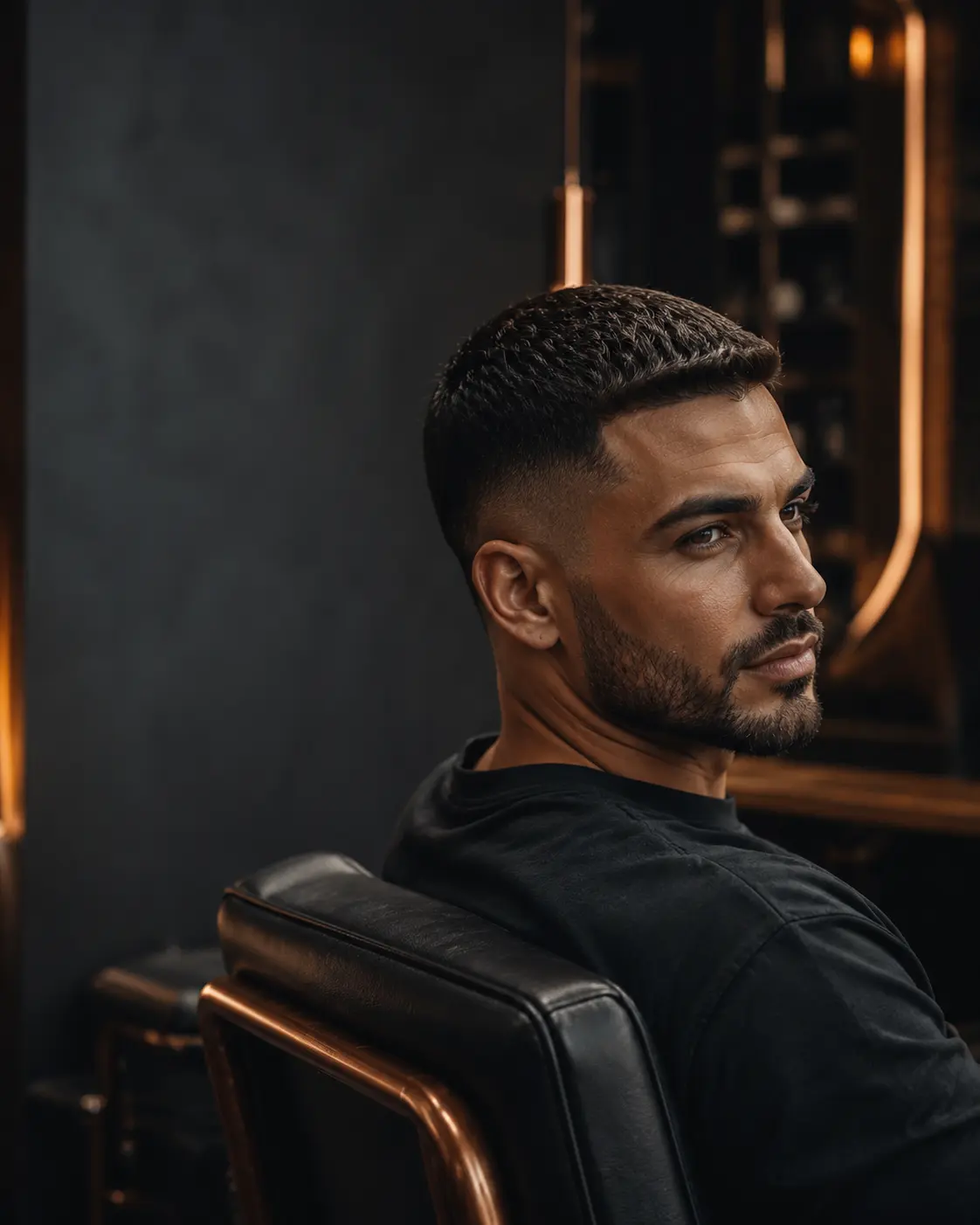 Homem com corte e barba bem definidos em uma barbearia moderna