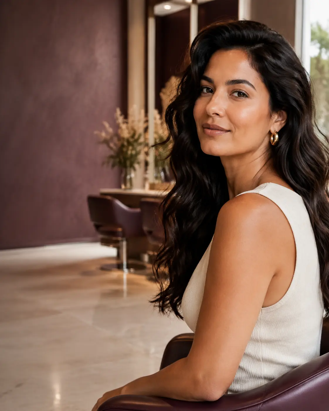 Mulher com cabelos longos em um salão elegante